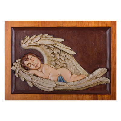 Cedar relief panel, 'Sweet Angel Dreams' - Cedar Wood Relief Panel of Sleeping Angel from Peru