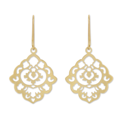 Gold plated dangle earrings, 'Floral Rhombus' - Gold Plated Sterling Silver Floral Dangle Earrings Peru