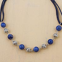 Sodalite beaded necklace, 'Floating Planets' - Sterling Silver Sodalite Link Necklace Cotton Cord from Peru