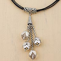 Quartz long pendant necklace, 'Andean Buds' - Hand Made Sterling Silver Quartz Pendant Necklace from Peru