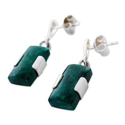 Chrysocolla dangle earrings, 'Hug' - Peruvian Chrysocolla Pendant on 925 Sterling Silver Earrings
