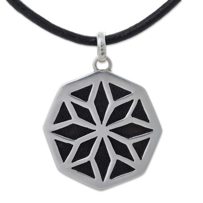 Leather and sterling silver pendant necklace, 'Starlight Eclipse' - Silver and Leather Medallion Necklace Peruvian Jewelry