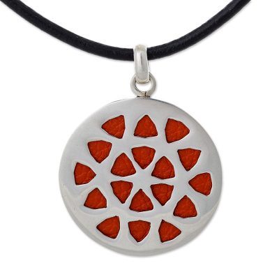 Leather and sterling silver pendant necklace, 'Floral Eclipse' - Artisan Crafted Silver and Leather Medallion Necklace
