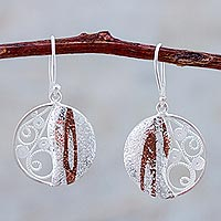 Sterling silver filigree dangle earrings, 'Mokume Circles' - Sterling Silver and Copper Dangle Earrings from Peru