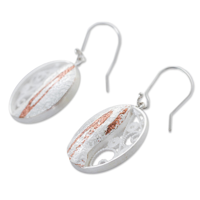 Sterling silver filigree dangle earrings, 'Mokume Circles' - Sterling Silver and Copper Dangle Earrings from Peru