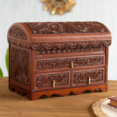 Leather and  wood jewelry box, 'Brave Swan' - Handcrafted Wood and Leather Jewelry Box from Peru