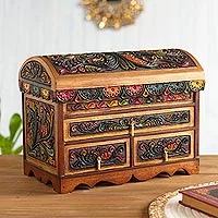 Leather and wood jewelry chest, 'Antique Treasure' - Multicolor Wood and Leather Jewelry Box from Peru