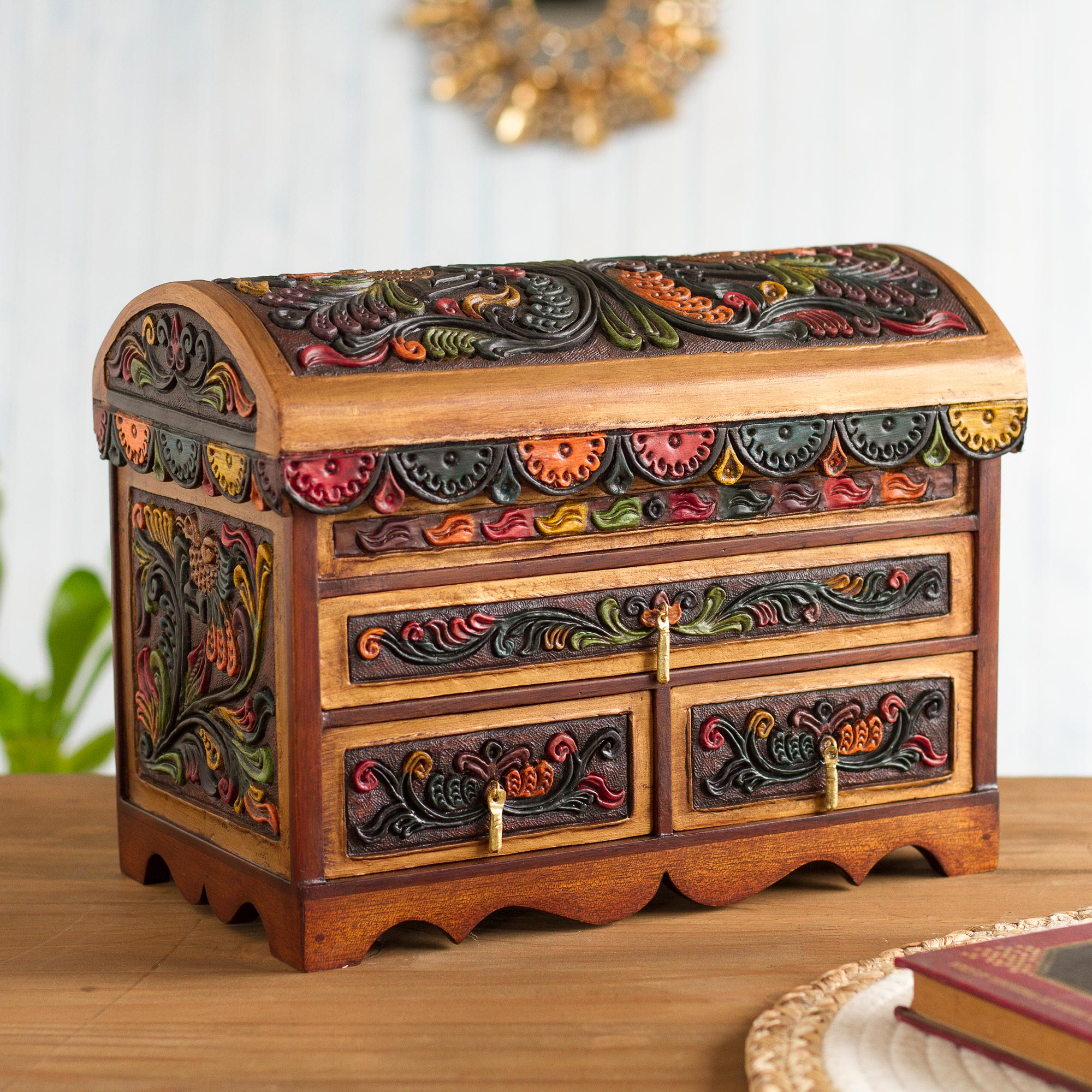 Multicolor Wood and Leather Jewelry Box from Peru - Antique
