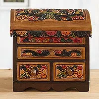 Cedar and leather jewelry box, 'Elegant Hummingbirds' - Multicolor Cedar Wood and Leather Jewelry Box from Peru