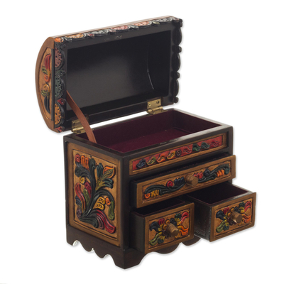 Cedar and leather jewellery box, 'Elegant Hummingbirds' - Multicolour Cedar Wood and Leather jewellery Box from Peru