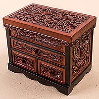 Cedar and leather jewelry box, 'Symbolic Leaves' - Cedar Wood and Leather Jewelry Box with Mirror from Peru