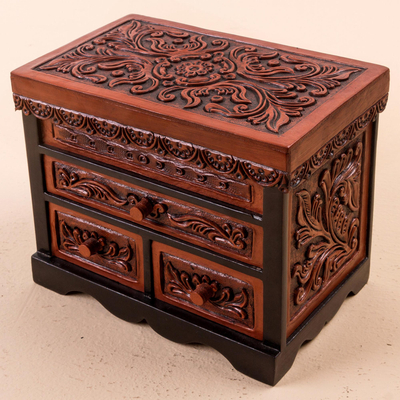 Cedar and leather Jewellery box, 'Symbolic Leaves' - Cedar Wood and Leather Jewellery Box with Mirror from Peru