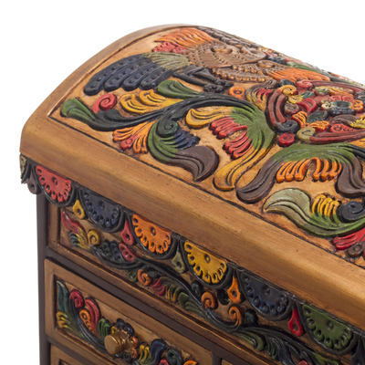 Cedar and leather jewellery box, 'Shimmering Eagle' - Painted Cedar Wood and Leather jewellery Box from Peru
