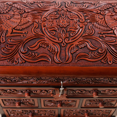 Cedar and leather jewelry box, 'Formidable Falcon' - Cedar and Leather Jewelry Box with Key from Peru