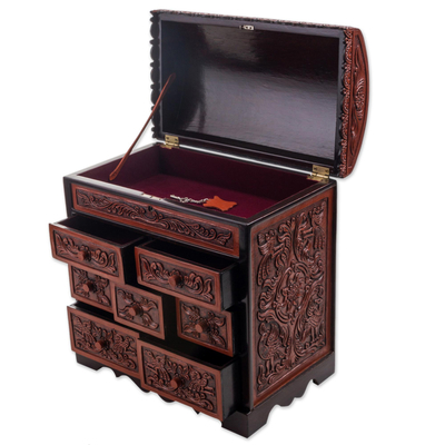 Cedar and leather jewelry box, 'Formidable Falcon' - Cedar and Leather Jewelry Box with Key from Peru
