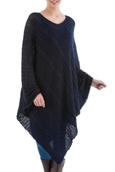 Textured poncho, 'Navy Inca Maze' - Long Navy Asymmetrical Poncho from Peru