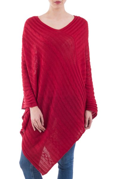 Poncho, 'Red Inca Maze' - Hand Dyed Red Poncho from Peru