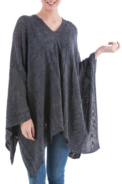 Poncho, 'Grey Earth Cracks' - Dark Grey Asymmetrical Poncho from Peru