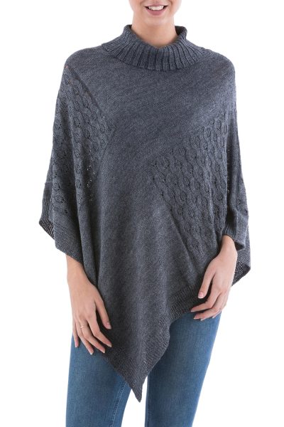 Knit poncho, 'Grey Reality Squared' - Dark Grey Poncho with Turtleneck from Peru