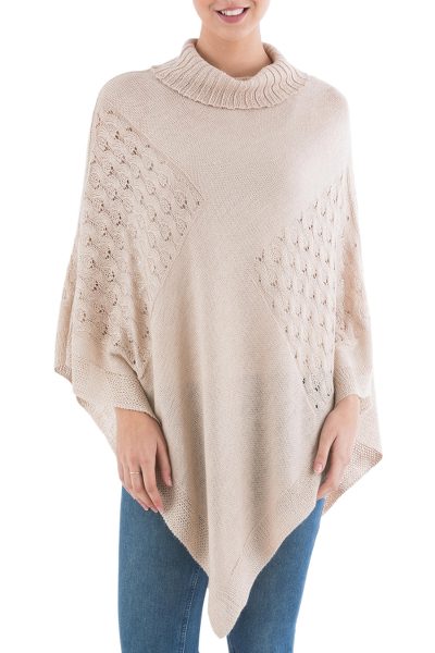 Knit poncho, 'Beige Reality Squared' - Beige Poncho with Turtleneck from Peru