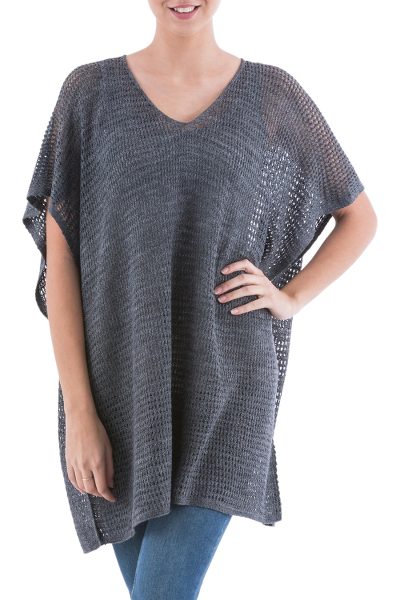Knit tunic, 'Grey Dreamcatcher' - Grey Short Sleeve V Neck Tunic from Peru