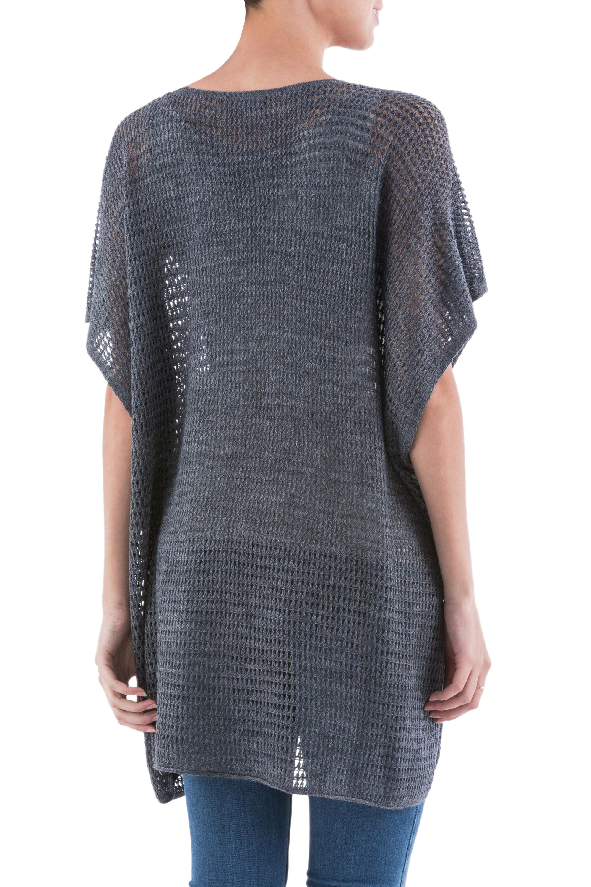 Grey Short Sleeve V Neck Tunic from Peru - Grey Dreamcatcher | NOVICA