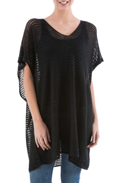 Knit tunic, 'Black Dreamcatcher' - Black Short Sleeve Tunic with V Neck