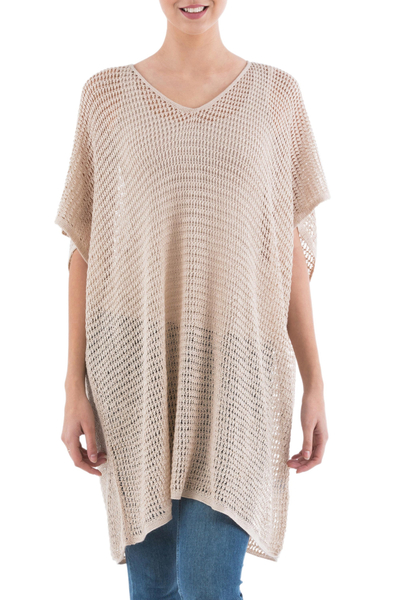 Beige Tunic with V Neck and Short Sleeves