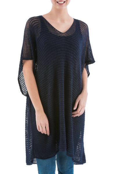 Knit tunic, 'Navy Dreamcatcher' - Navy Tunic with V Neck and Short Sleeves