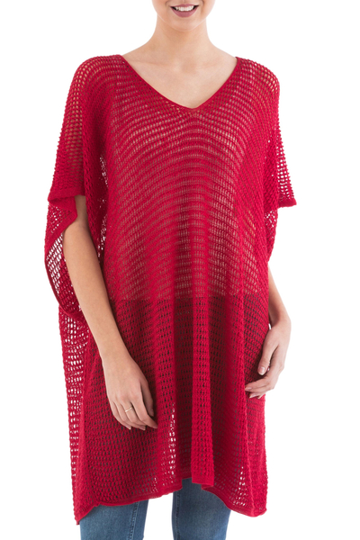Knit tunic, 'Red Dreamcatcher' - Red Knit Tunic with V Neck and Short Sleeves