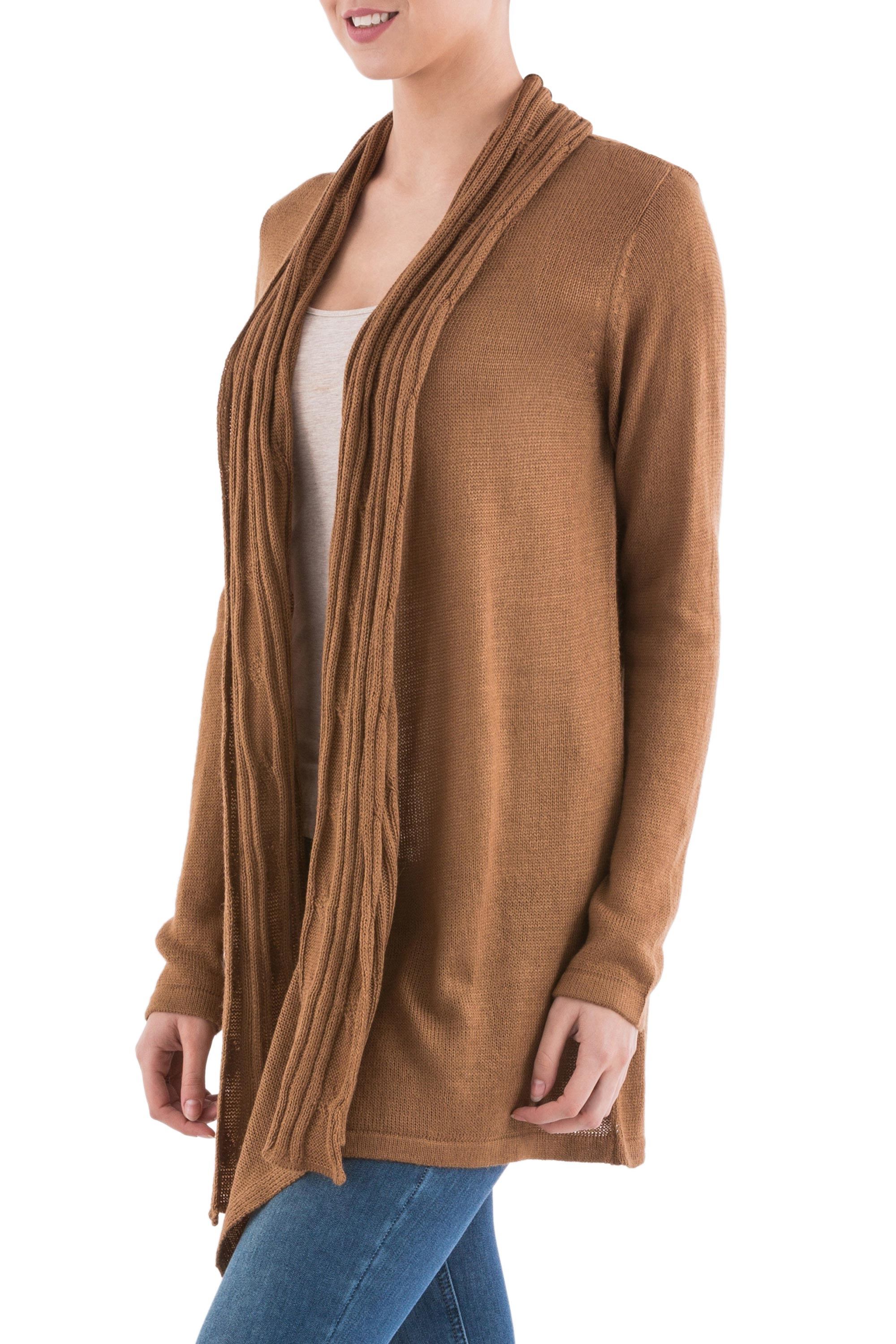 Long Sleeved Brown Cardigan Sweater from Peru - Copper Waterfall Dream ...