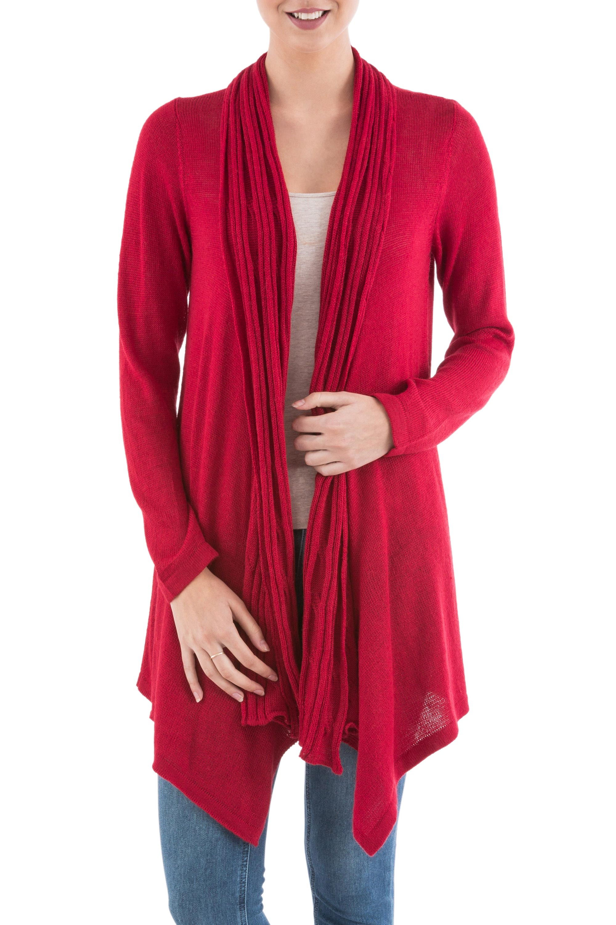Long Sleeved Red Cardigan Sweater from Peru - Red Waterfall Dream | NOVICA