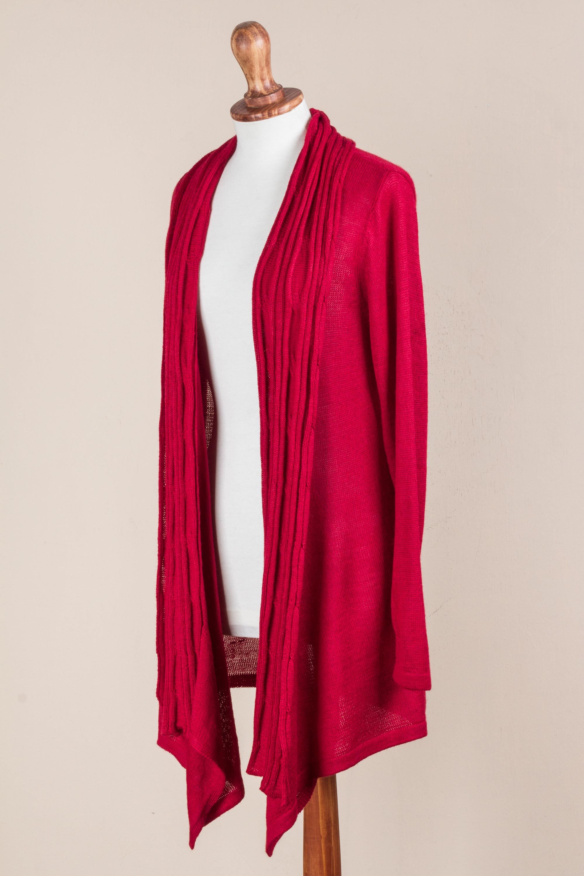 Long Sleeved Red Cardigan Sweater from Peru Red Waterfall Dream NOVICA