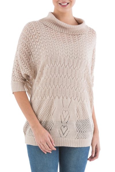 Pullover sweater, 'Evening Flight in Beige' - Beige Pullover Sweater with Three Quarter Length Sleeves