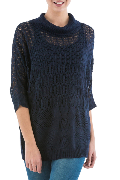 Navy Pullover Sweater with Three Quarter Length Sleeves