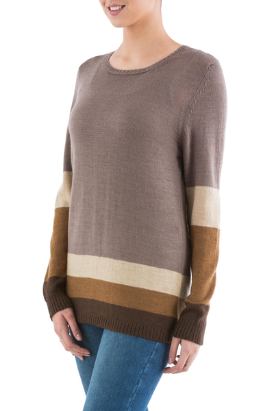 Pullover sweater, 'Imagine in Brown' - Brown Striped Pullover Sweater from Peru