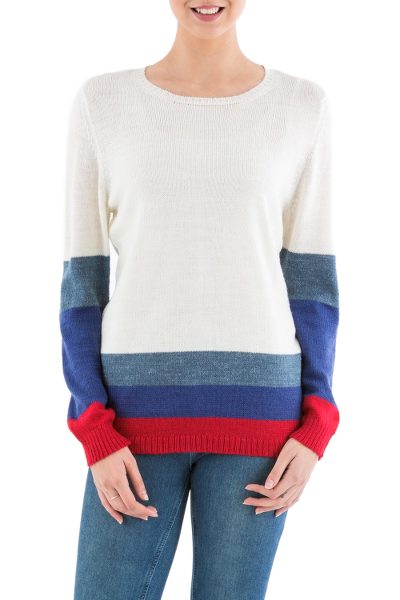 Pullover sweater, 'Imagine in Ivory' - Ivory Pullover Sweater with Blue and Red Stripes