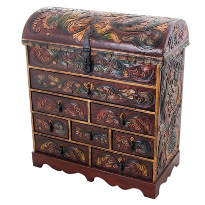 Cedarwood and leather jewelry chest, 'Plumed Paradise' - Cedarwood and Leather Jewelry Box with Bird Motifs from Peru