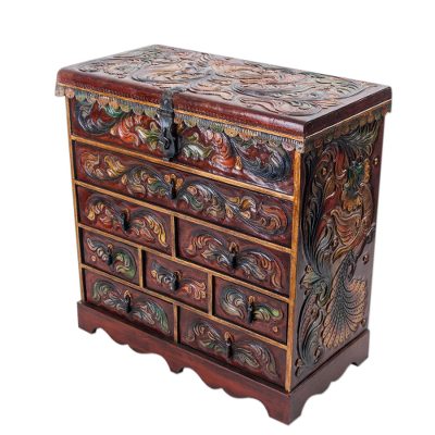 Cedarwood and leather jewelry chest, 'Plumed Retreat' - Peruvian Cedar and Leather Jewelry Box with Bird Motifs
