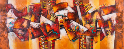 'Tallán Mythology' (2016) - Pintura al Óleo Abstracta Única en Marrón y Oro de Perú