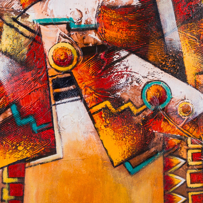 „Tallán Mythology“ (2016) – Einzigartiges abstraktes Ölgemälde in Braun und Gold aus Peru