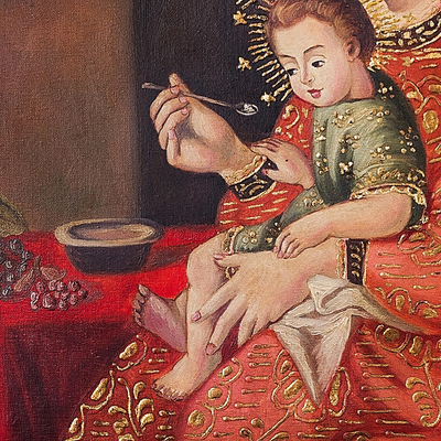 'The Child's Supper' - Mary and Baby Jesus Painting Peruvian Religious Art