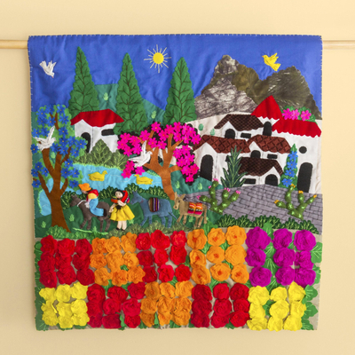 Baumwoll-Wandbehang, „Rose Ranch“ – handgefertigter Baumwoll-Patchwork-Wandbehang mit Blumendorf