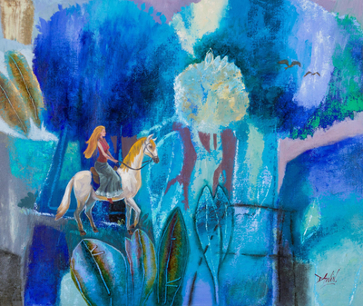 'Blue Passage' - Expressionist Painting of Girl with Horse from Peru