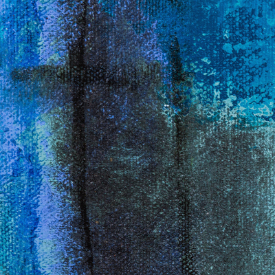 Blaue Passage – Expressionistische Malerei eines Mädchens mit Pferd aus Peru