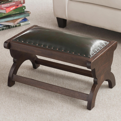 Mohena wood and leather ottoman, Sophisticated Andes in Green