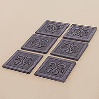 Leather coasters, 'Floral Refreshment in Black' (set of 6) - Black Embossed Leather Coasters (Set of 6) from Peru
