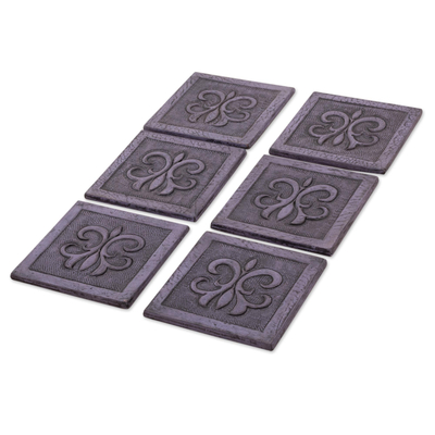 Black Embossed Leather Coasters (Set of 6) from Peru