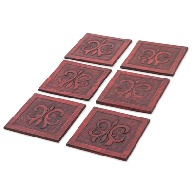 Red Embossed Leather Coasters (Set of 6) from Peru