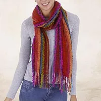 Baby alpaca blend scarf, 'Bohemian Rainbow' - Hand Woven Alpaca Blend Striped Multicolored Scarf from Peru